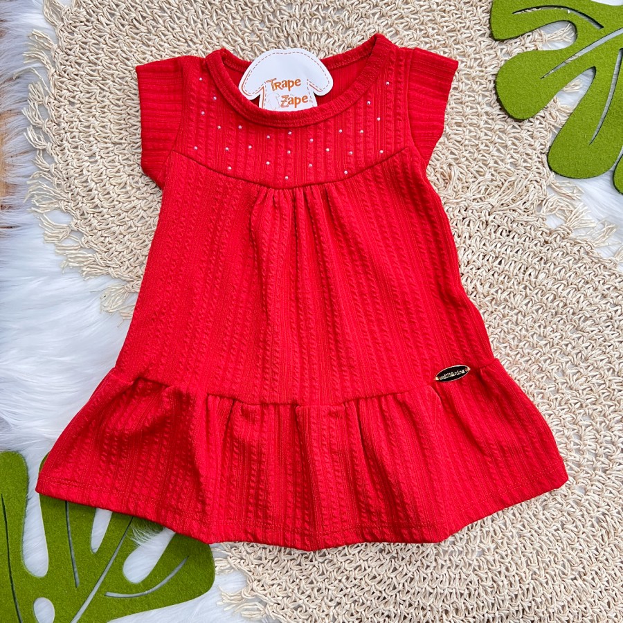 Vestido Canelado Manga Curta com Strass - Vermelho